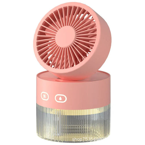 Maroon Asteria USB mini spray cooling fan with foldable turbine design on a desktop, providing cold air for home improvement use.