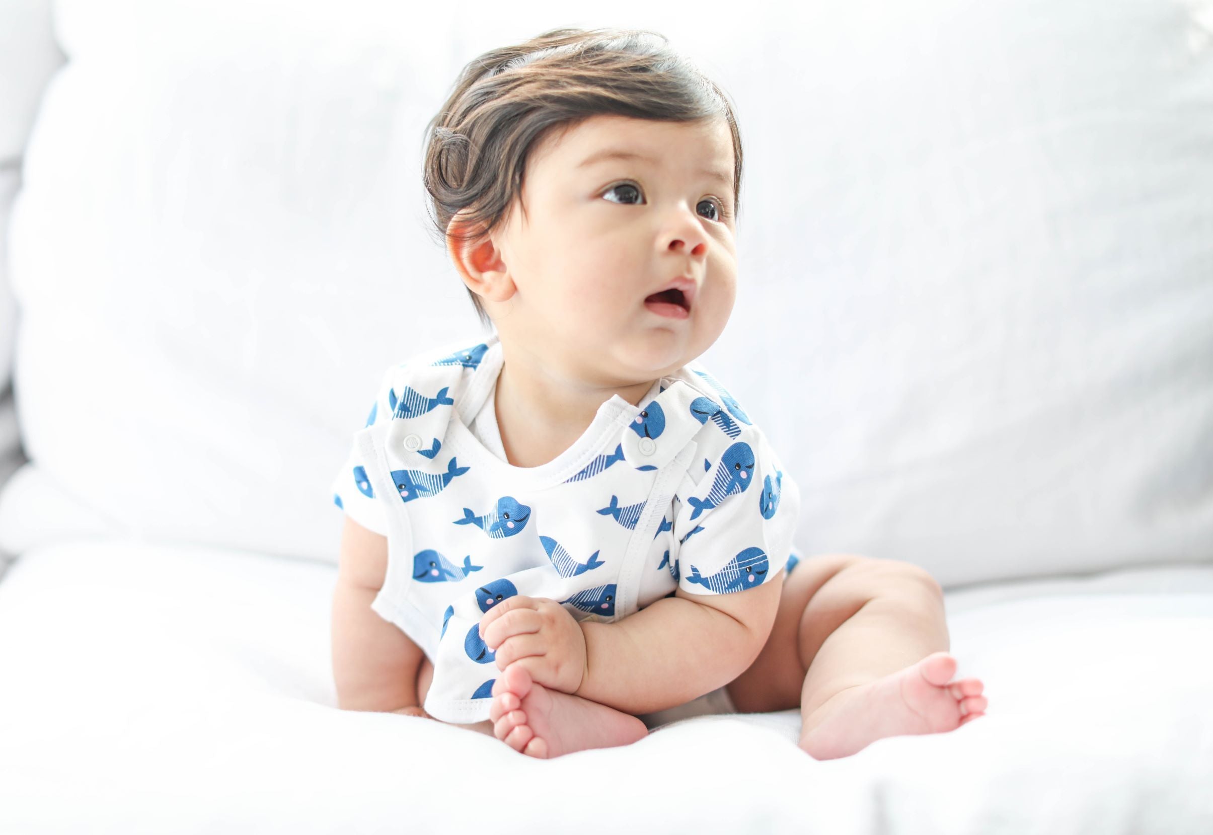 Blue whale print baby short sleeve bodysuit and bib set by Fuchsia Milo, featuring a cute marine design for infants.