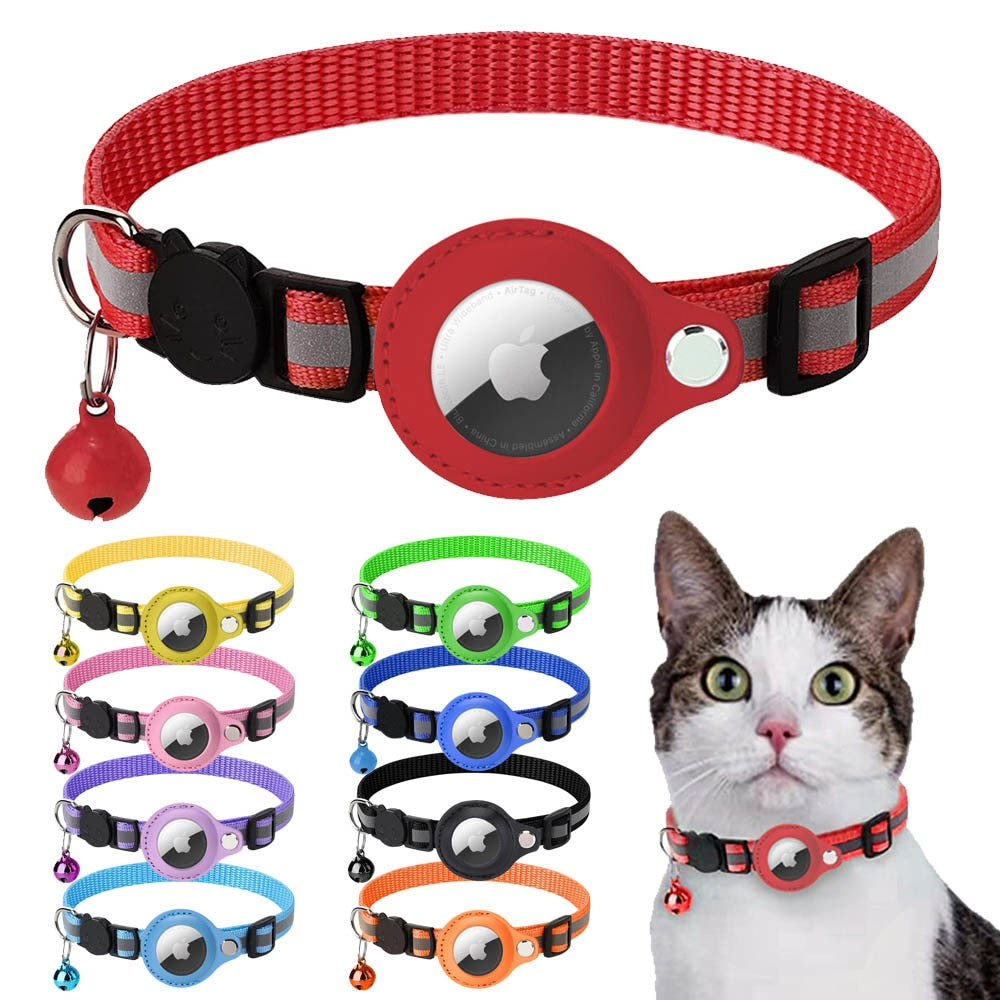 Yellow Pandora reflective Airtag case attached to a pet collar for cats and dogs, featuring a secure leash clip and bright design.