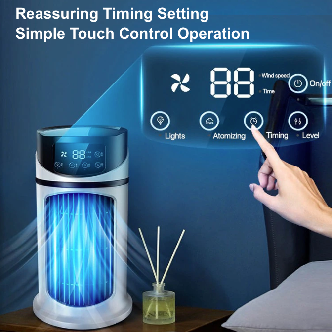 Yellow Pandora mini portable water and air cooling fan for home and garden, compact device with water mist and adjustable fan settings.