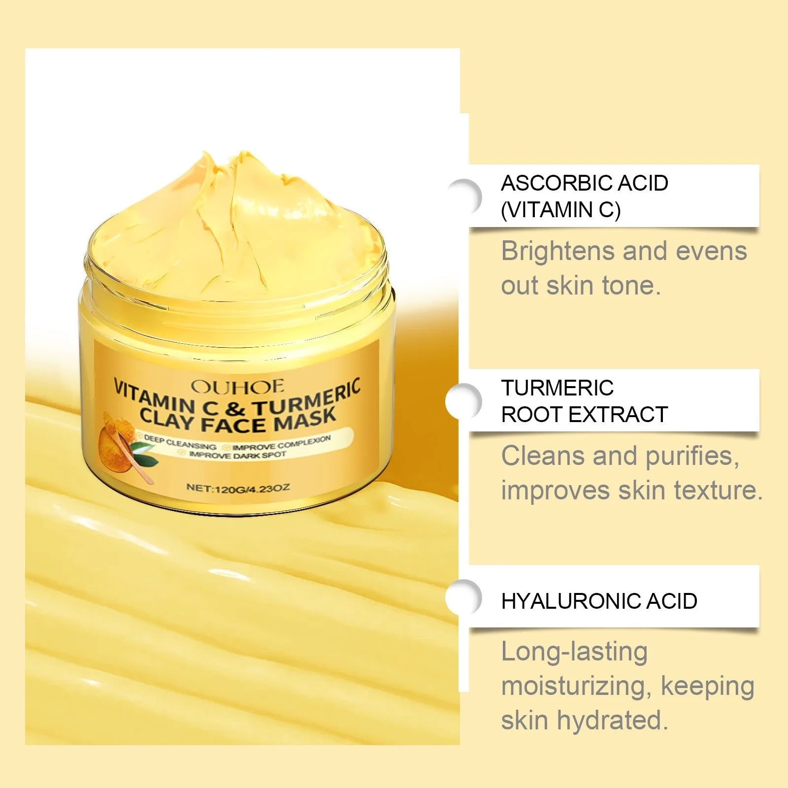 Pear Poppy Vitamin C and turmeric exfoliating facial mask with vibrant orange and yellow ingredients in a clear jar.