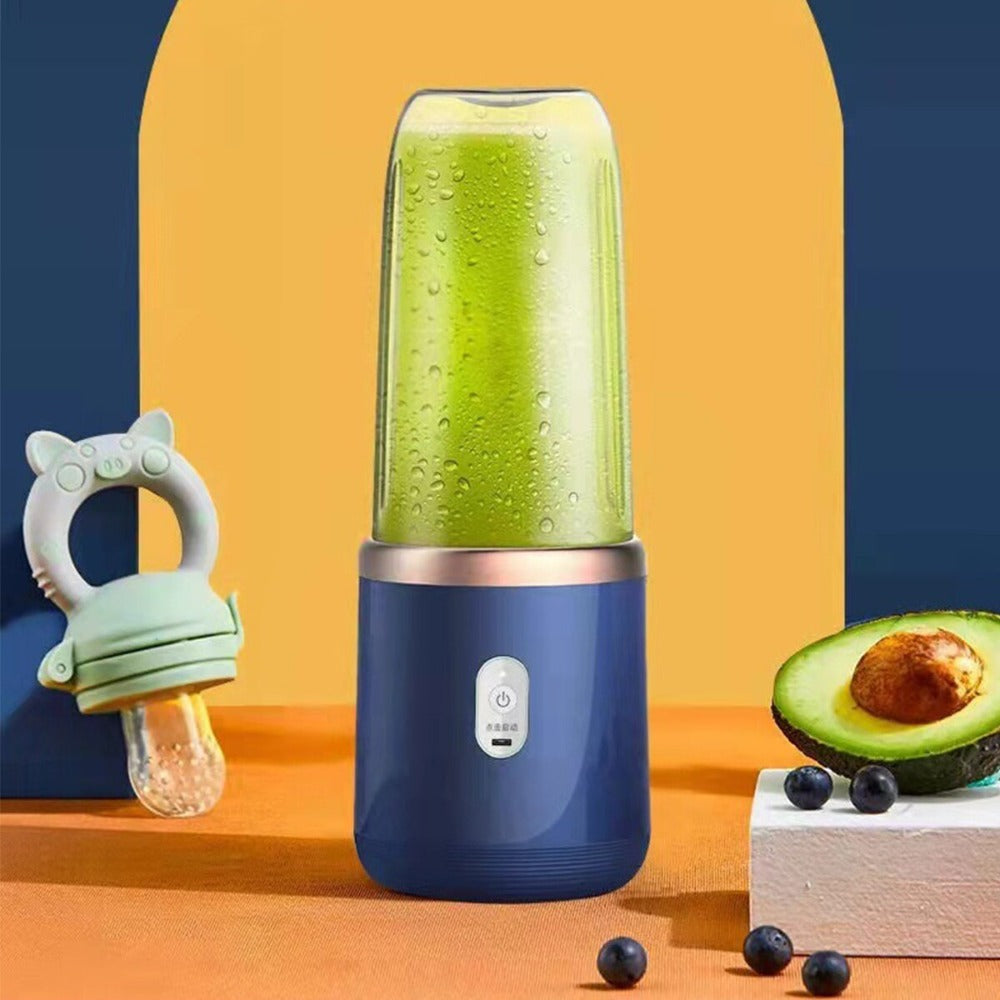 Yellow Pandora twin gear portable juice blender for kitchen use, shown blending fresh fruit in a compact design.