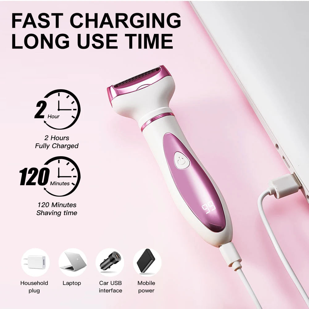 Maroon Asteria 4-in-1 electric lady shaver for painless body hair removal, featuring multiple attachments for smooth skin.