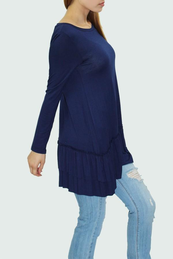 Navy long sleeve pleated bottom tunic dress by Yellow Hera, featuring a relaxed fit and stylish design.