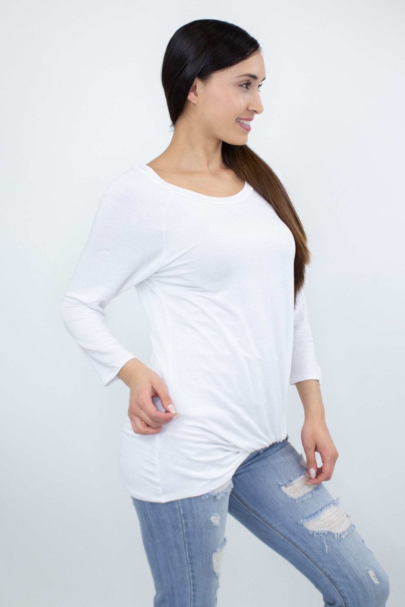 White twisted front comfortable top by Yellow Hera, stylish and casual clothing with a fitted design and soft fabric.