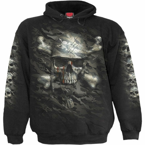 Black Jasper CAMO-SKULL black hoodie with camo skull graphic, casual sweater with drawstring hood and front pocket.