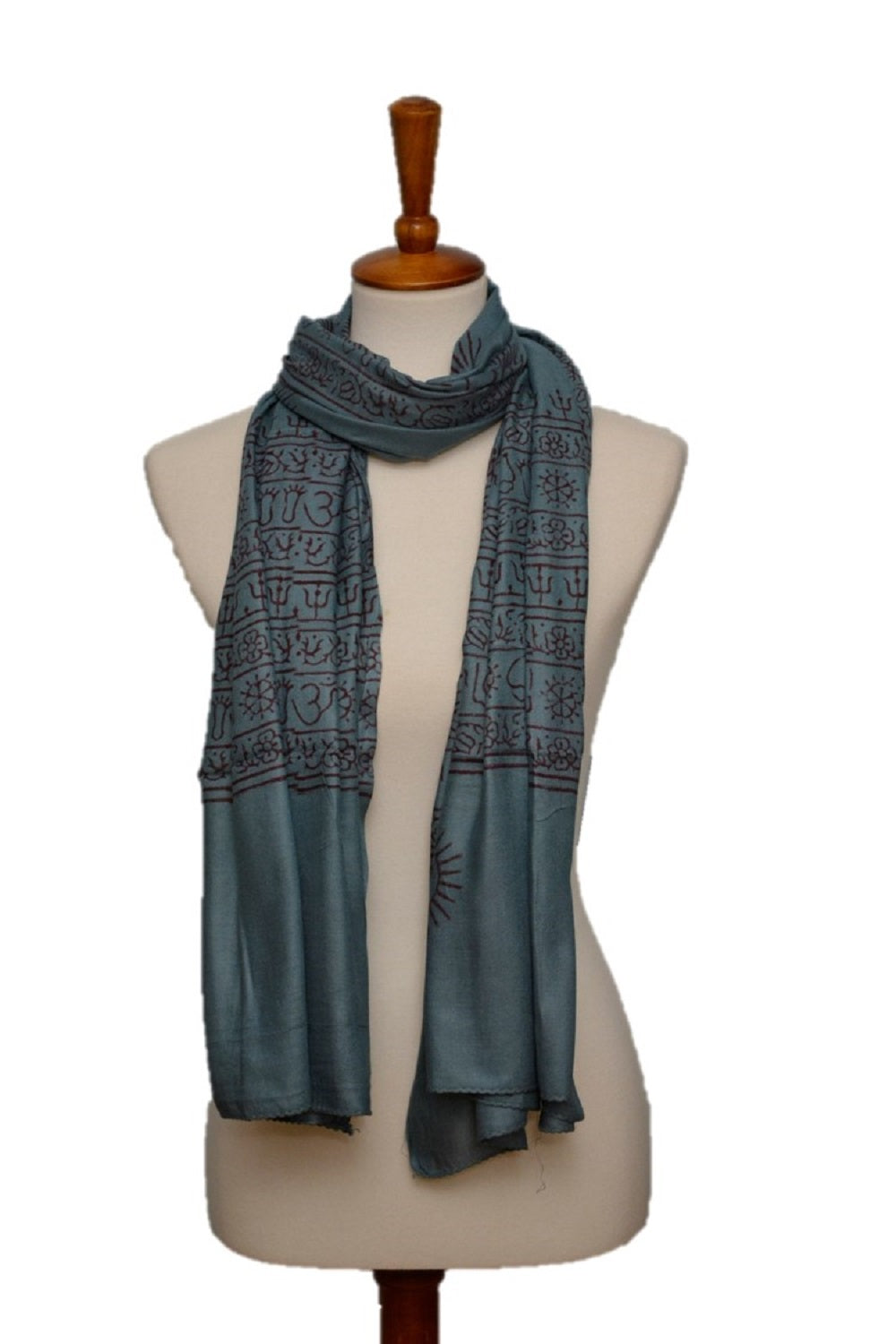 Teal OM Yoga Meditation Mantra Prayer Shawl from Alabaster, large scarf with intricate patterns, ideal for meditation and prayer.