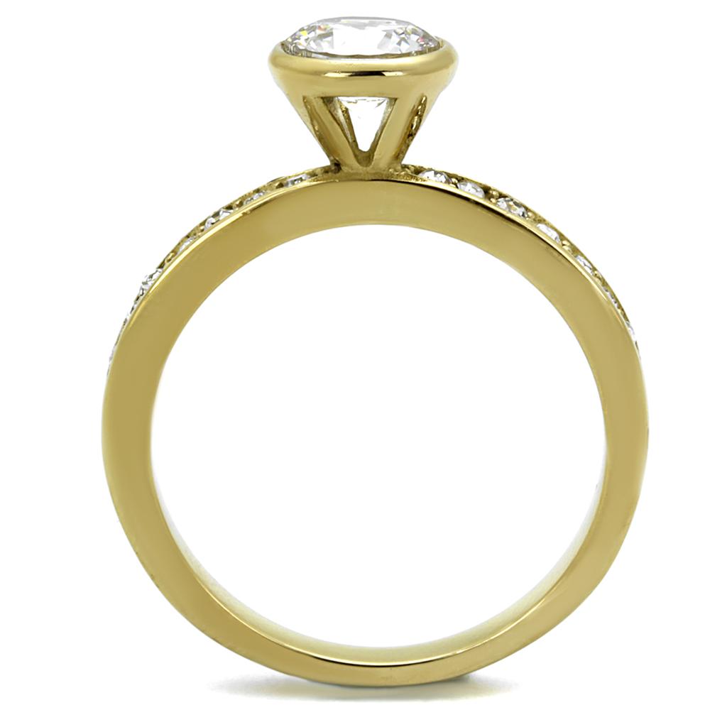 Turquoise Tiger TK2254 gold ion-plated stainless steel ring with AAA grade cubic zirconia, showcasing a sleek jewelry design.