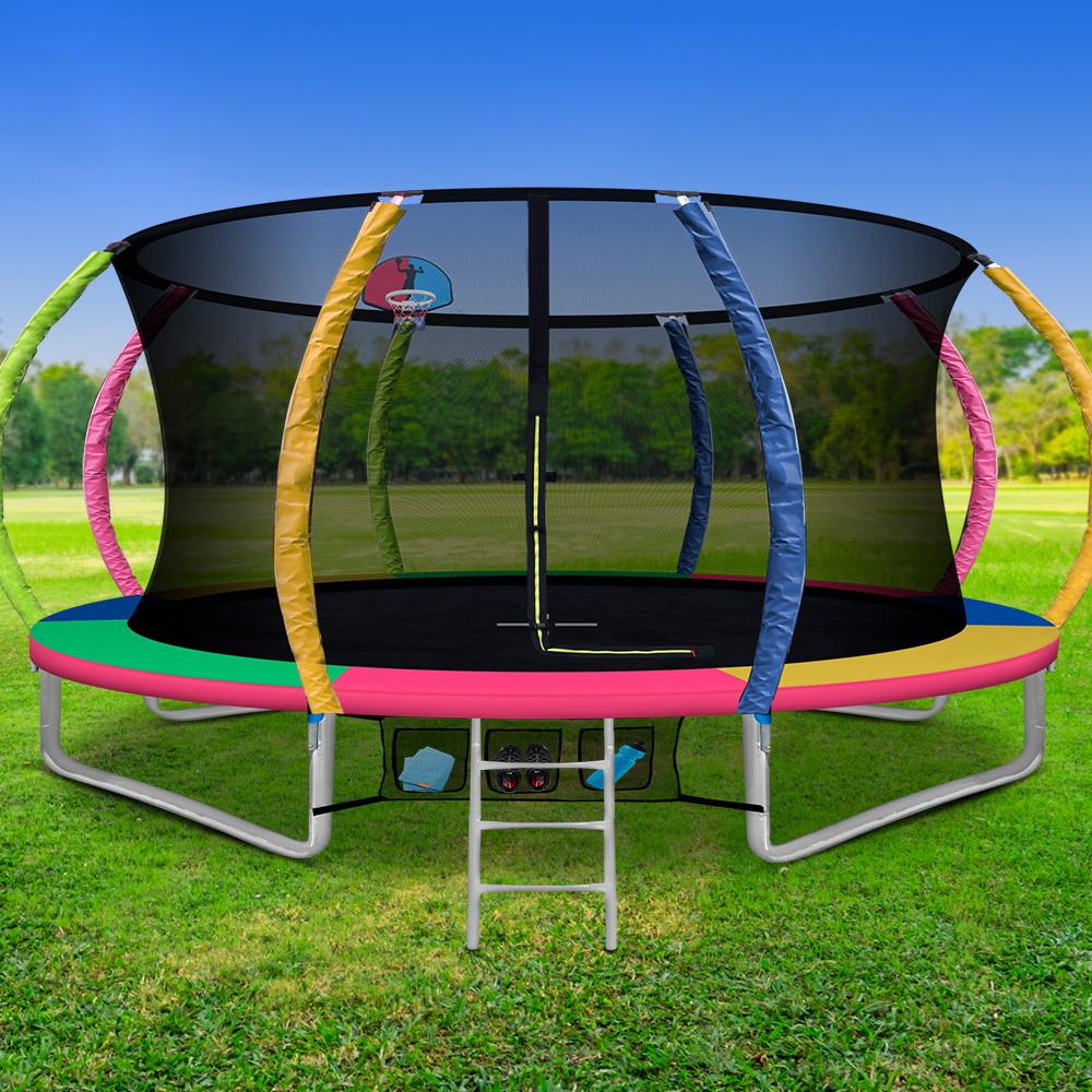 Ozdingo Everfit 14ft kids trampoline with ladder and basketball hoop, outdoor bounce rebounder for home and garden use.