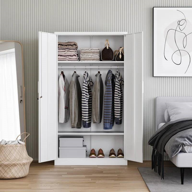 White Metal Locking Wardrobe Armoire Cabinet with Clothing Hanging Rod