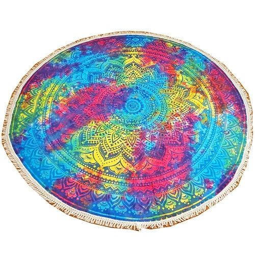 Colorful tie-dye ombre round mandala tapestry wall art with star design, crafted by Silver Hestia, suitable for home decor.