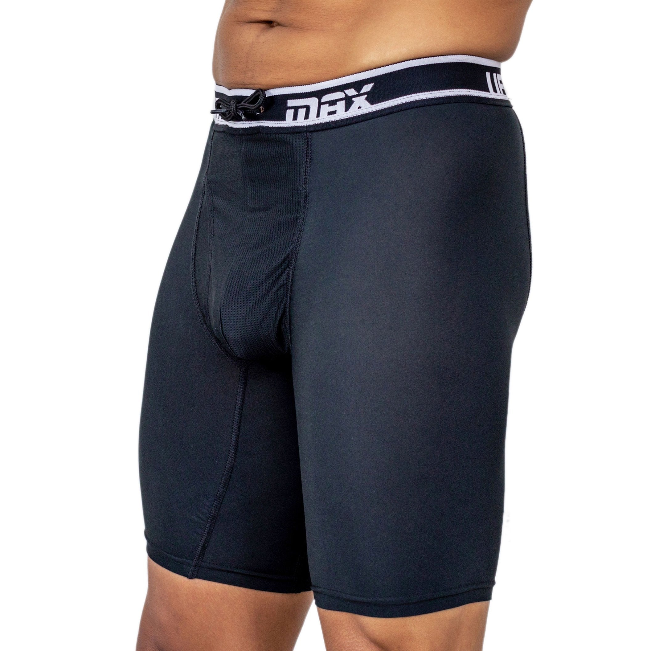 Maroon Mango UFM Long Boxer Brief 9-inch polyester underwear with maximum support, shown on a model.
