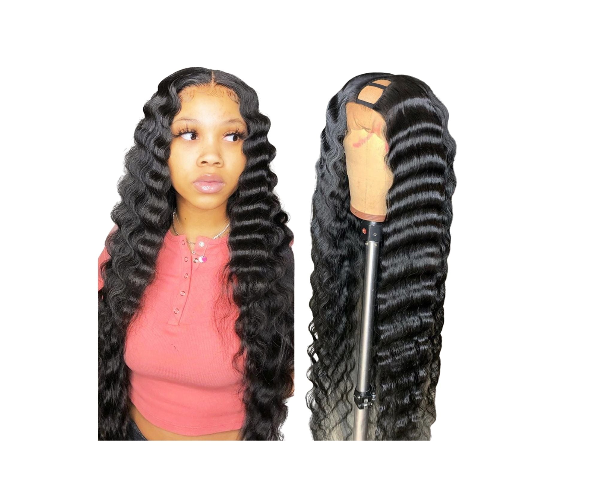 Cerise Alfie U part wig with loose deep Brazilian Remy human hair, styled for black women, shown in collage image