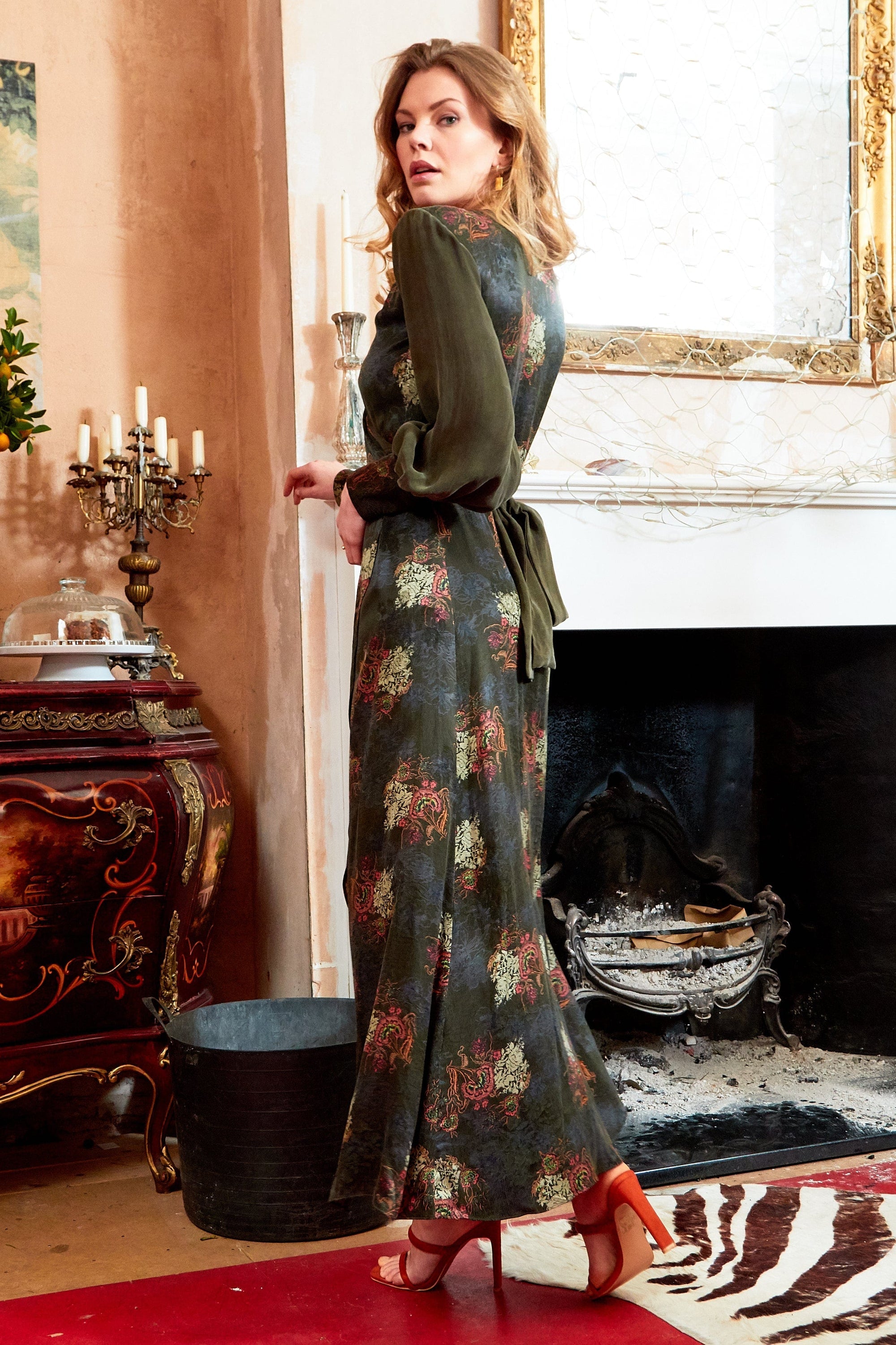 Verdant V-neck jacquard wrap maxi dress with side slit by Blush Athena, featuring long sleeves and elegant design.