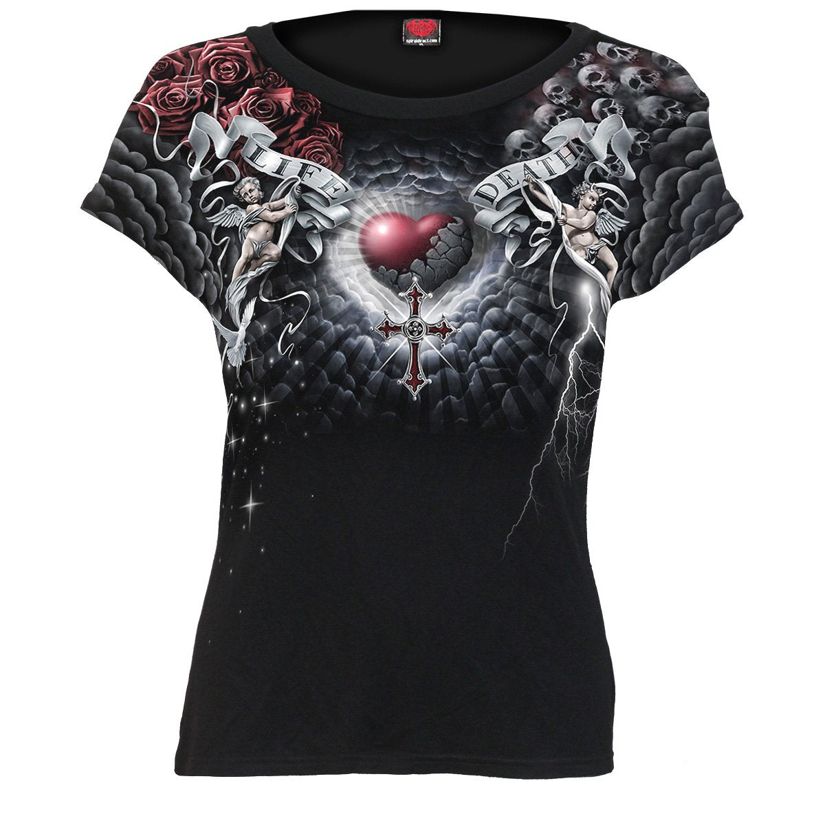 Black Jasper LIFE AND DEATH CROSS allover print cap sleeve top in black, featuring a bold graphic design and stylish fit.