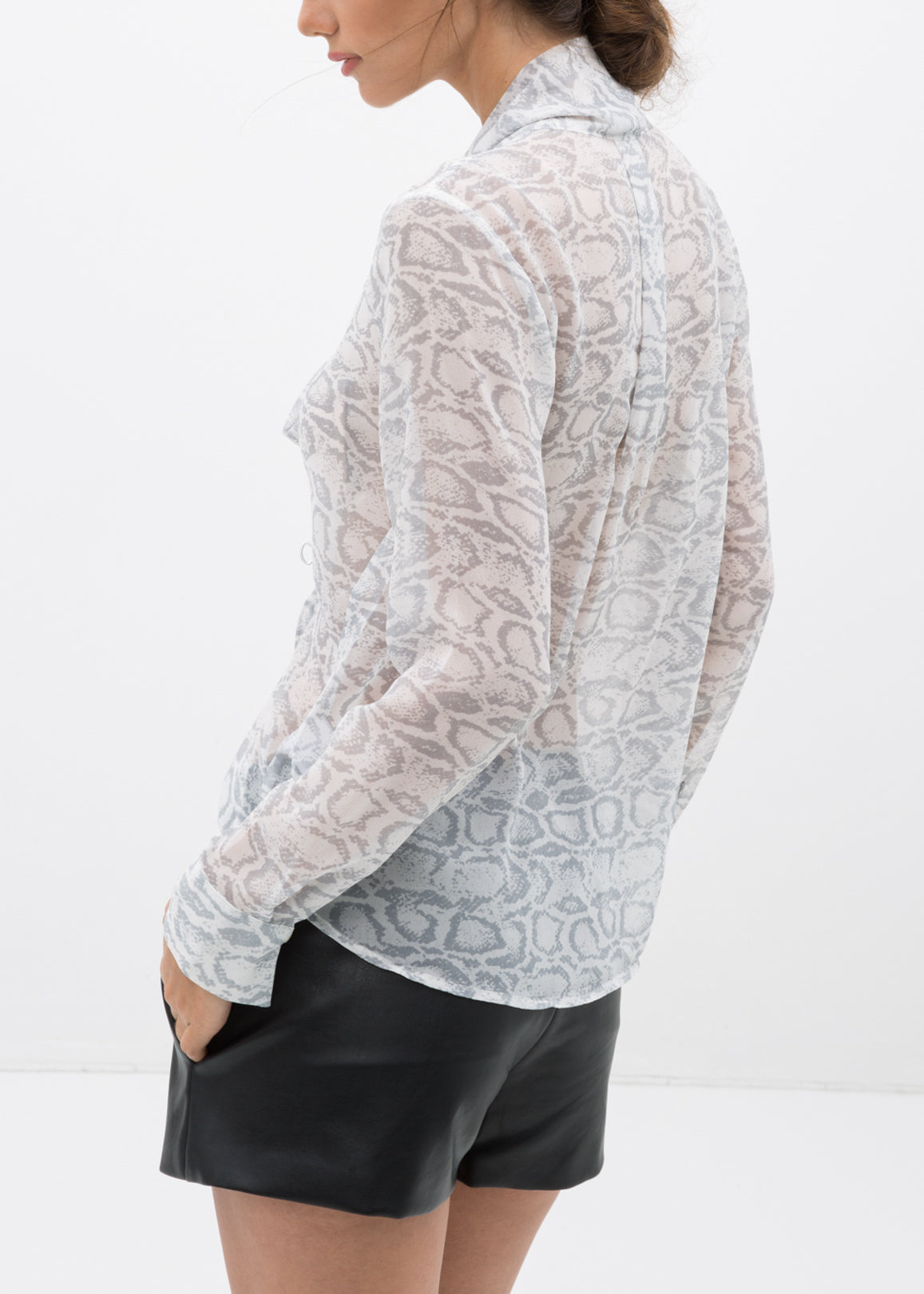 Ivory silver tie neck sheer blouse by Lemon Hera, featuring a flowy fabric and elegant design, perfect for stylish tops and blouses.