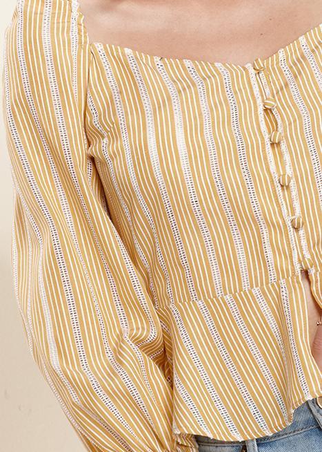 Yellow smocked cuff peplum blouse with button front from Lemon Hera, stylish tops and blouses for a chic look.