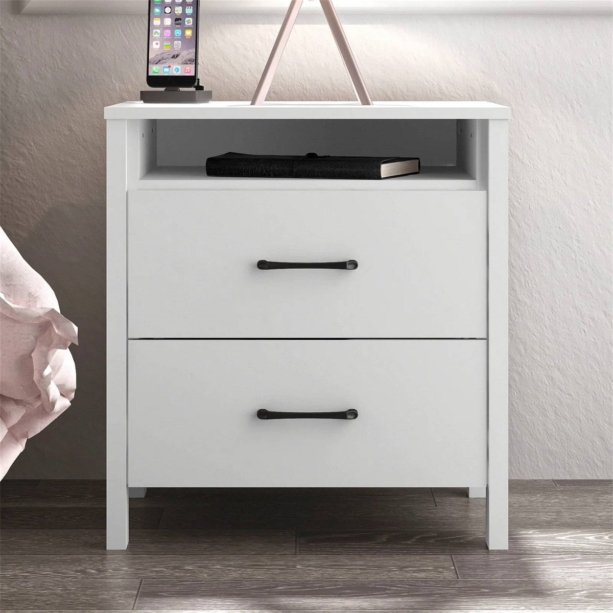 Modern 2-Drawer Bedside Table Nightstand in White Wood Finish