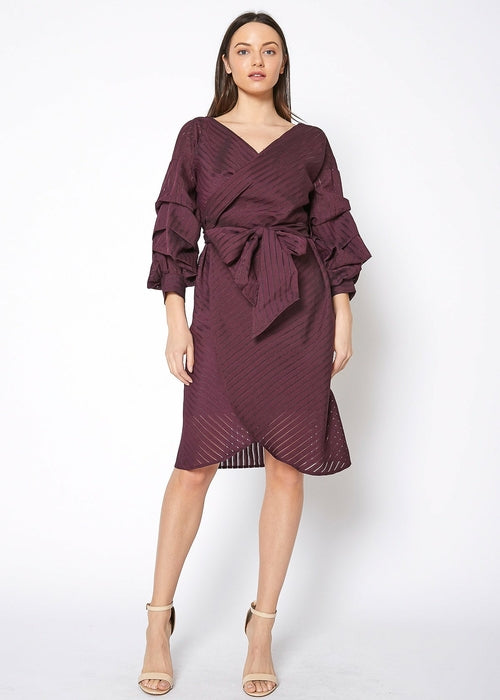 Lemon Hera burgundy organza stripe wrap dress with layered fabric and elegant design, displayed on a mannequin.