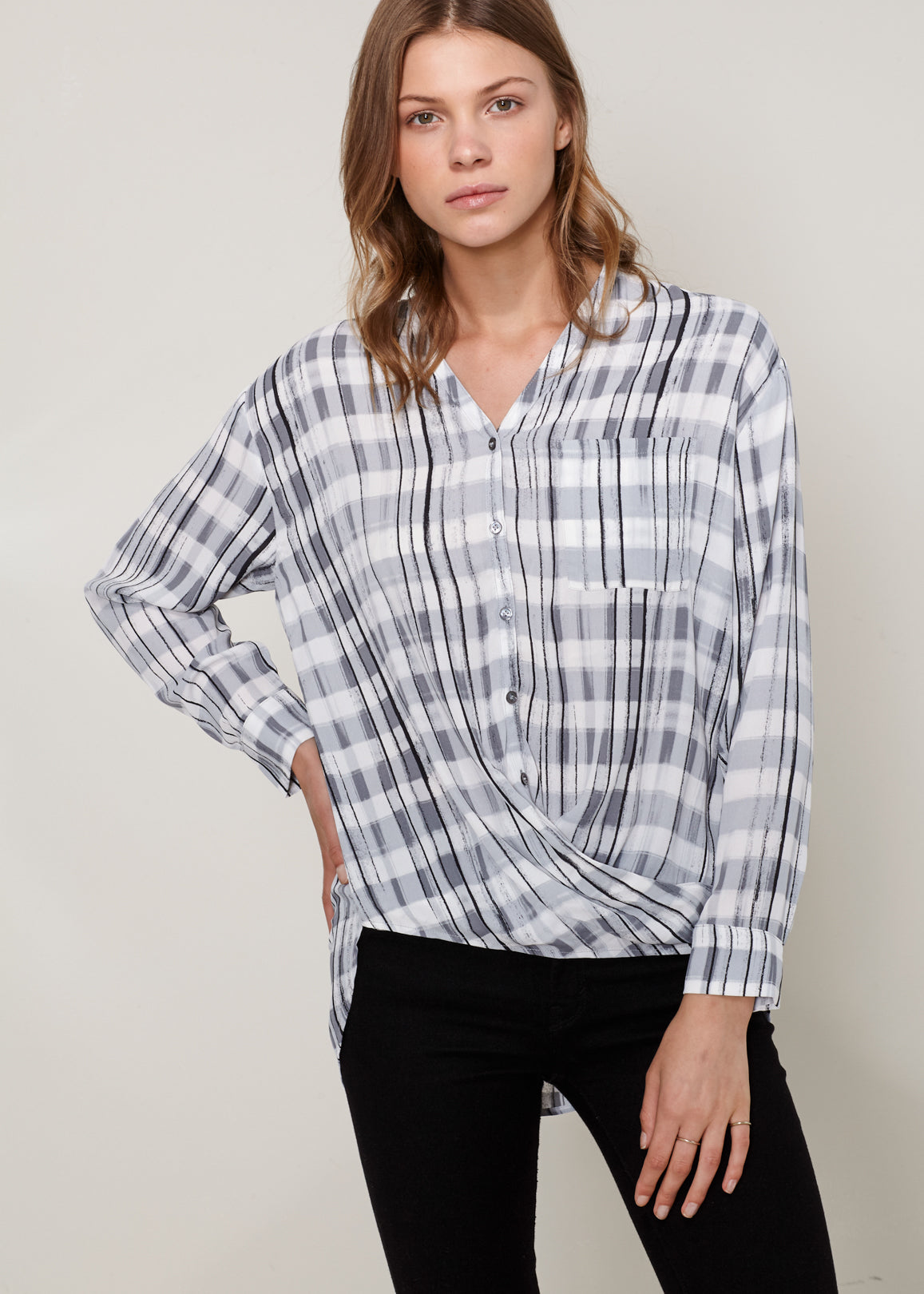 Gray printed wrap hem blouse from Lemon Hera, stylish tops and blouses with a feminine wrap design.