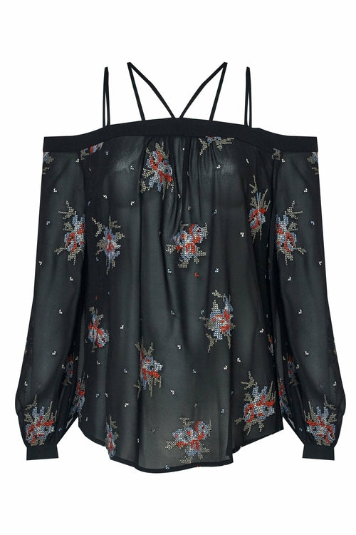 Black off-shoulder blouse with embroidery print from Lemon Hera, featuring a stylish, flowy design perfect for casual and dressy occasions.