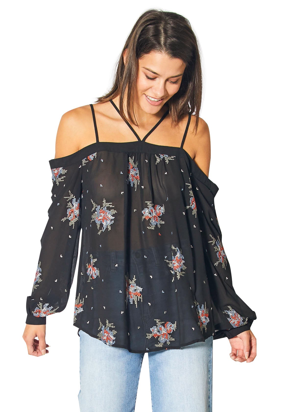 Black off-shoulder embroidery print blouse by Lemon Hera, featuring stylish design and intricate embroidery details.
