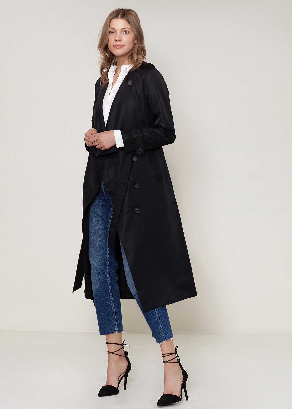 Lemon Hera black tie waist maxi trench coat with long sleeves and classic collar, stylish outerwear for women.