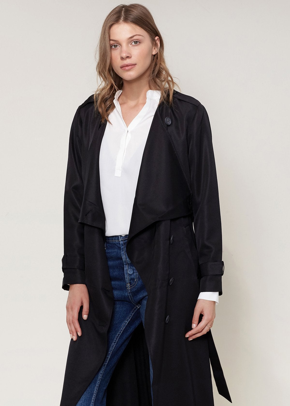 Black Ro & De tie waist maxi trench coat by Lemon Hera, stylish long jacket with belt and classic trench design.
