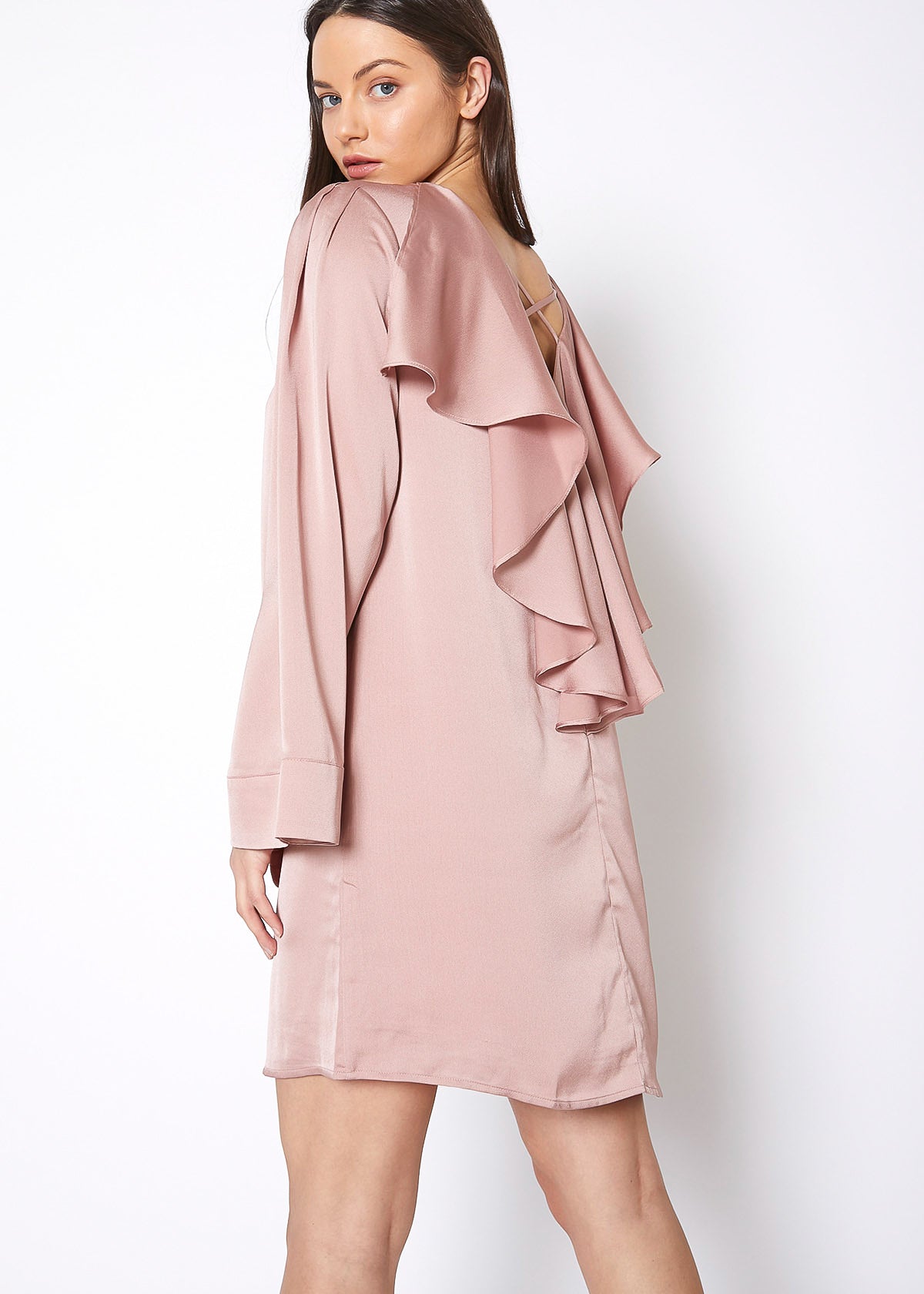 Pink satin cross back tunic dress from Lemon Hera, featuring a stylish cross back design and smooth, shiny fabric.