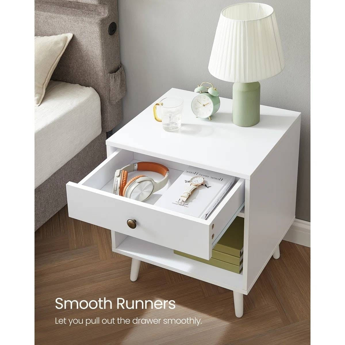 Mid-Century Modern Bedroom 1-Drawer Nightstand End Table in White Wood Finish