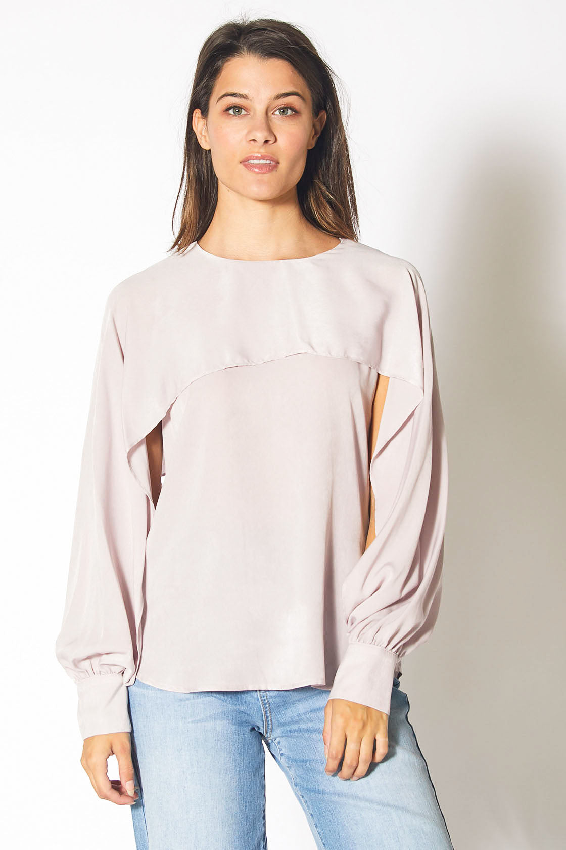 Pink chiffon long open sleeve blouse from Lemon Hera, stylish tops and blouses with flowing fabric and open sleeve design.