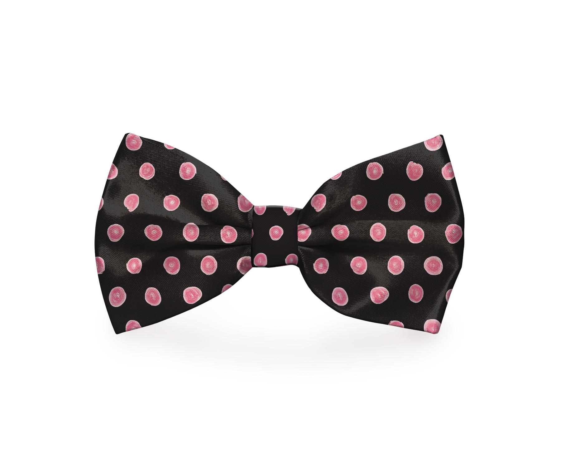 Watercolor pink and black polka-dot dog bow tie by Plum Semele, designed for pet collars and petwear accessories.