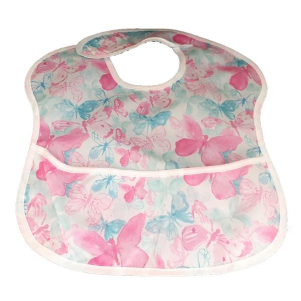 Waterproof baby bib with crumb catcher in pink and blue butterfly designs by Raspberry Pallas, made from denim-style material.