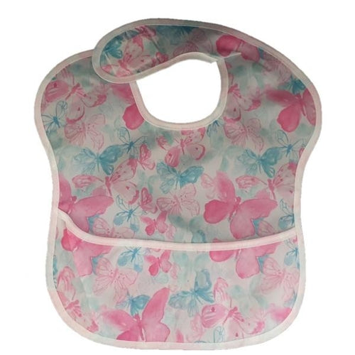 Waterproof baby bib with crumb catcher in pink and blue butterflies, by Raspberry Pallas, featuring denim-style design for easy cleaning.