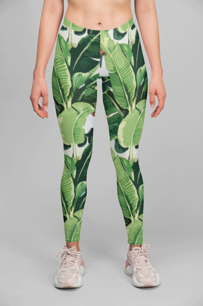 Sky Felix banana leaves pattern fitted waist sweater leggings with T-shirt design, featuring vibrant botanical leaf print.