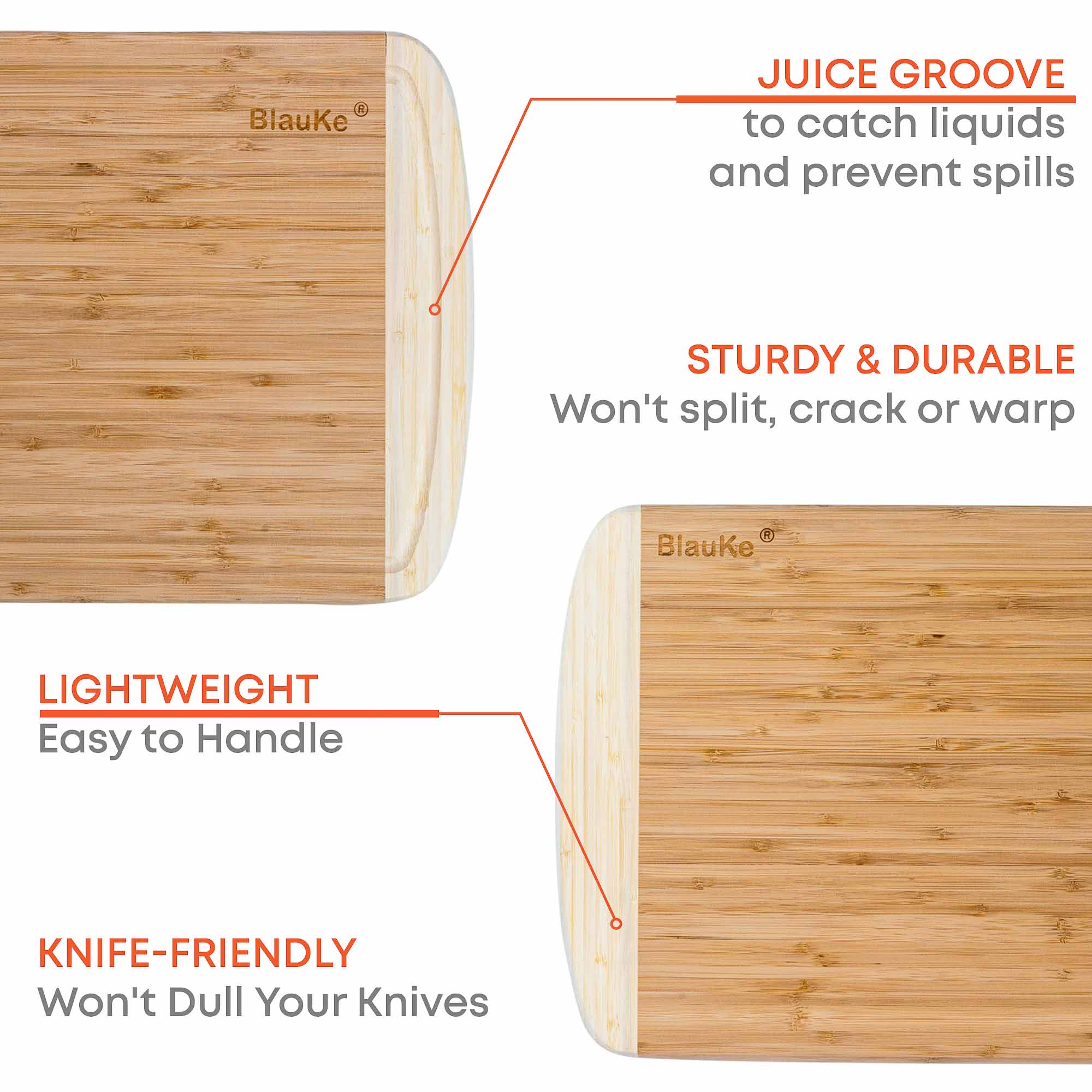 Large bamboo kitchen cutting board by Jade Danae, 14x11 inches, with smooth wooden surface for chopping and food prep.