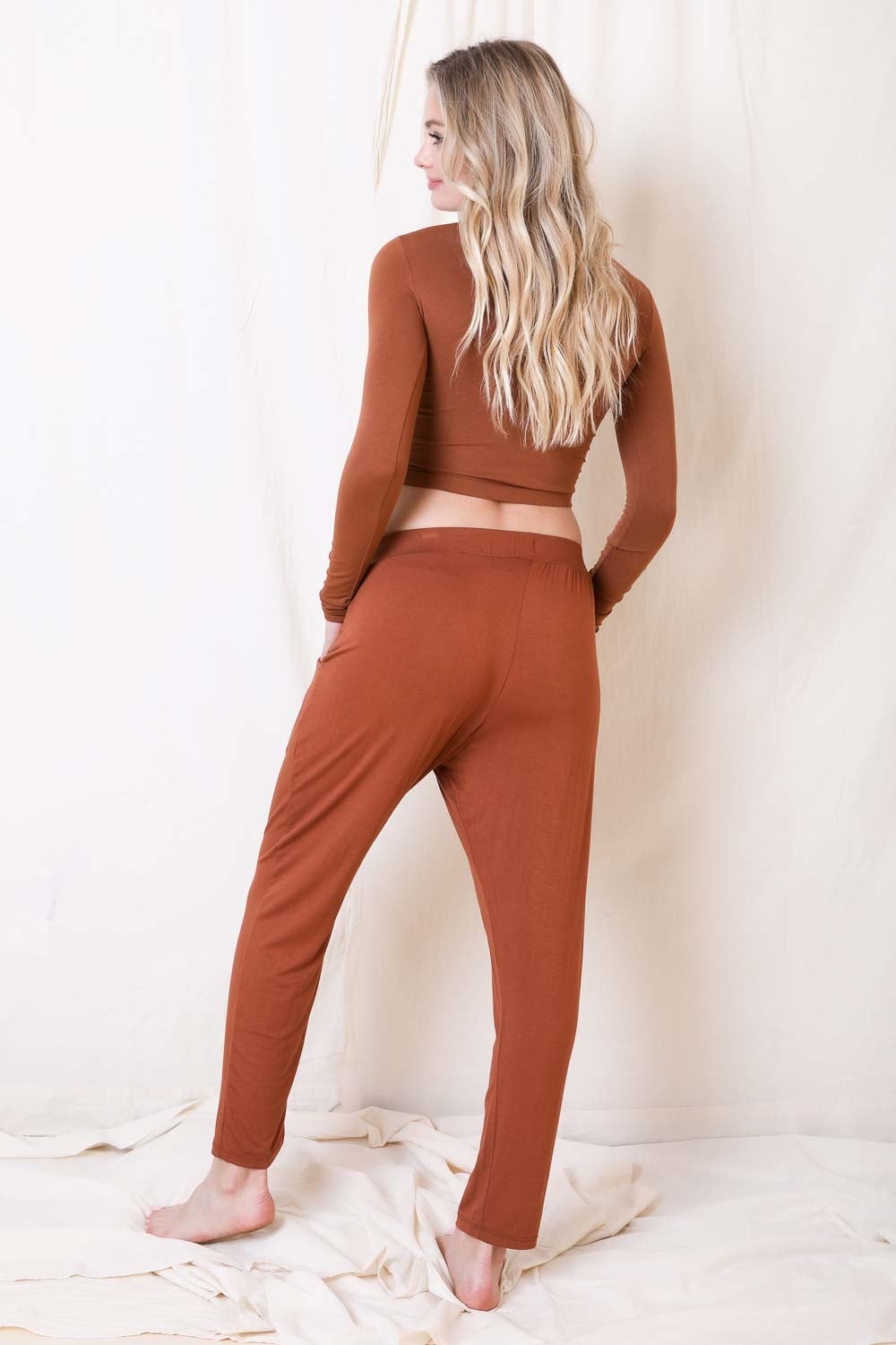 Periwinkle Aether wide band lounge pants in copper color, soft and comfortable for relaxing and casual wear.