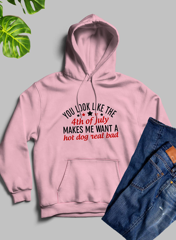 Black "You Look Like The 4th Of July" hoodie T-shirt by Jade Thalassa featuring patriotic-themed graphic design.