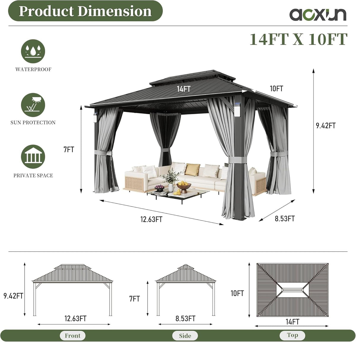 14x10 Feet Hardtop Gazebo Solar Powered LED Lighting