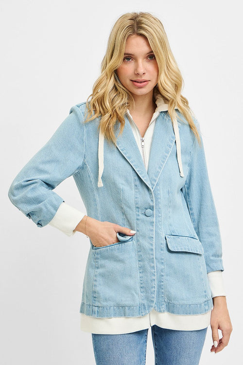 Start2Finish RISEN one-button blazer jacket with hoodie, casual coat designed for style and comfort, shown on model.