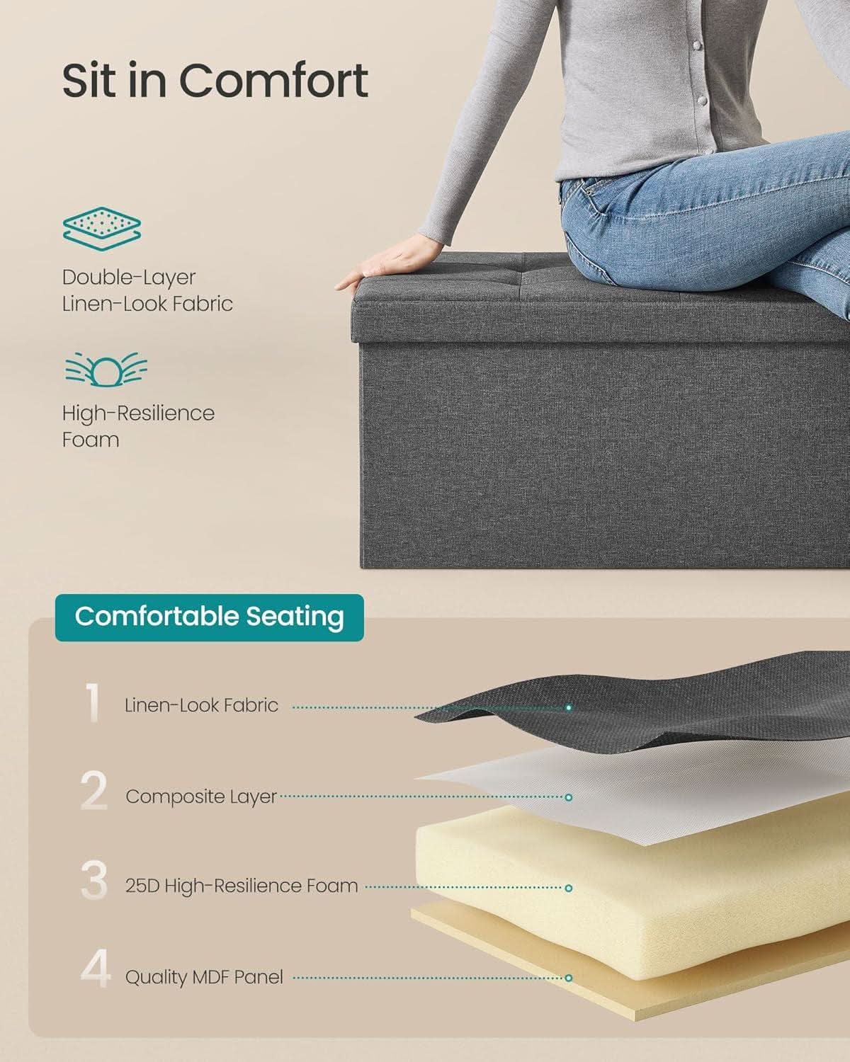 43-Inch Folding-Storage Ottoman Bench Dark Gray Matte