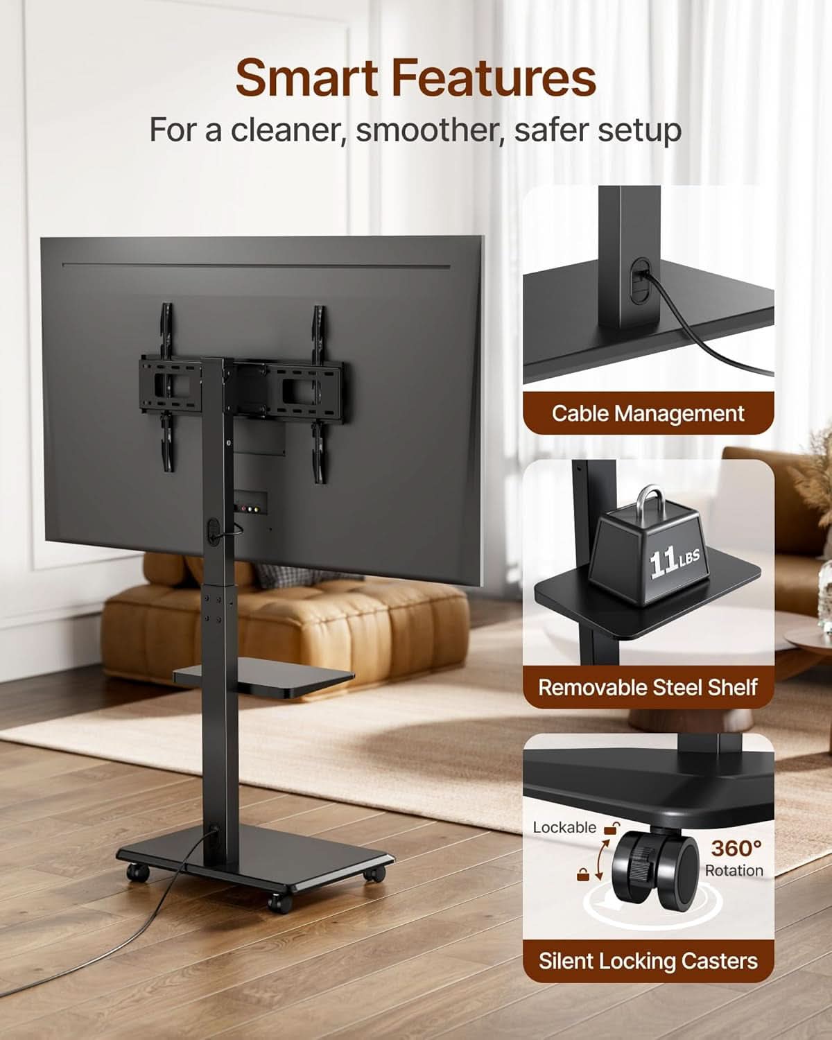 Rolling TV Stand Thirty Two To Seventy Five Inches Hidden Wire Management