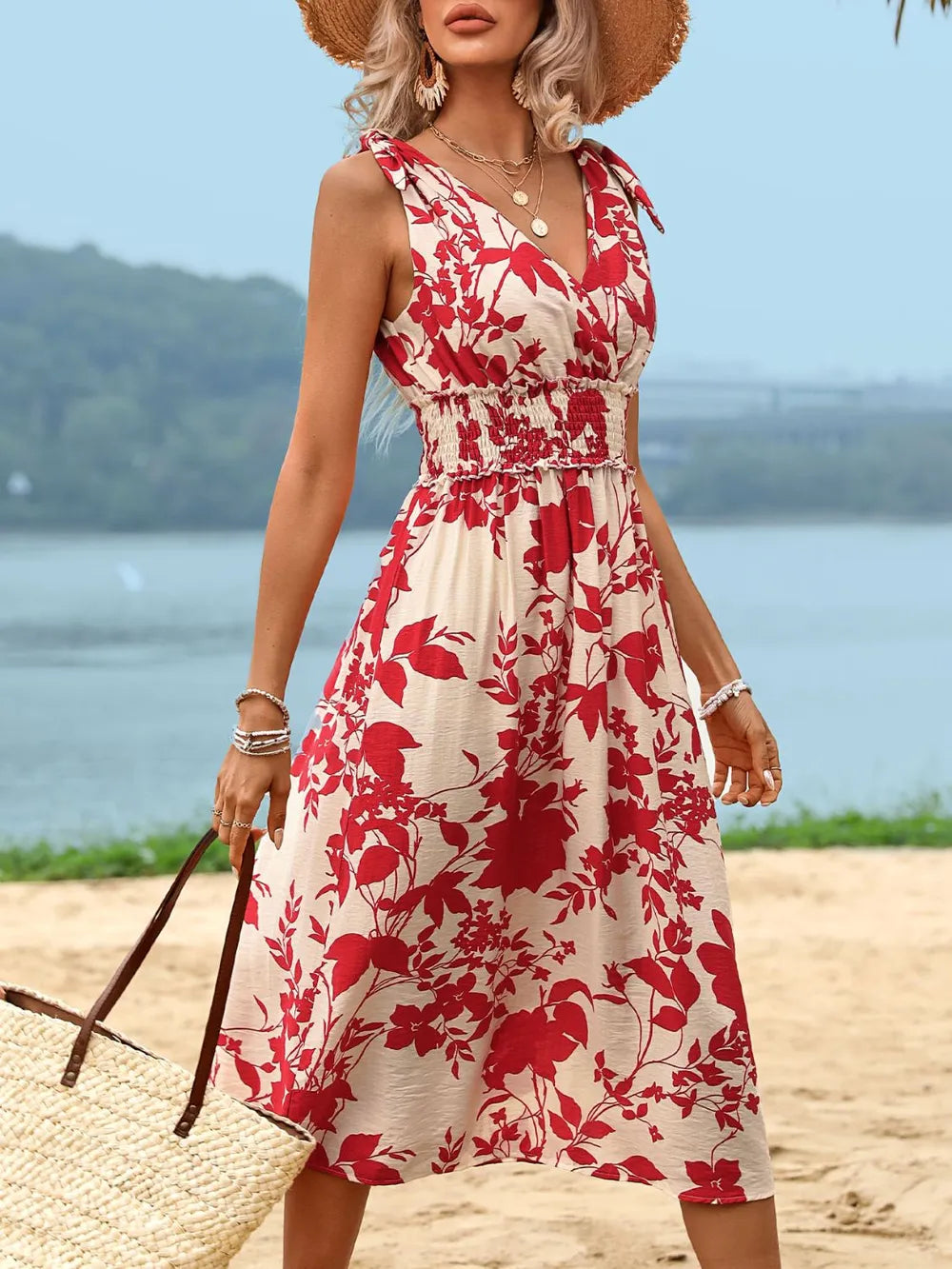 Ruby Styx Perfee smocked printed surplice midi dress for women, featuring a stylish floral pattern and flowy fabric.
