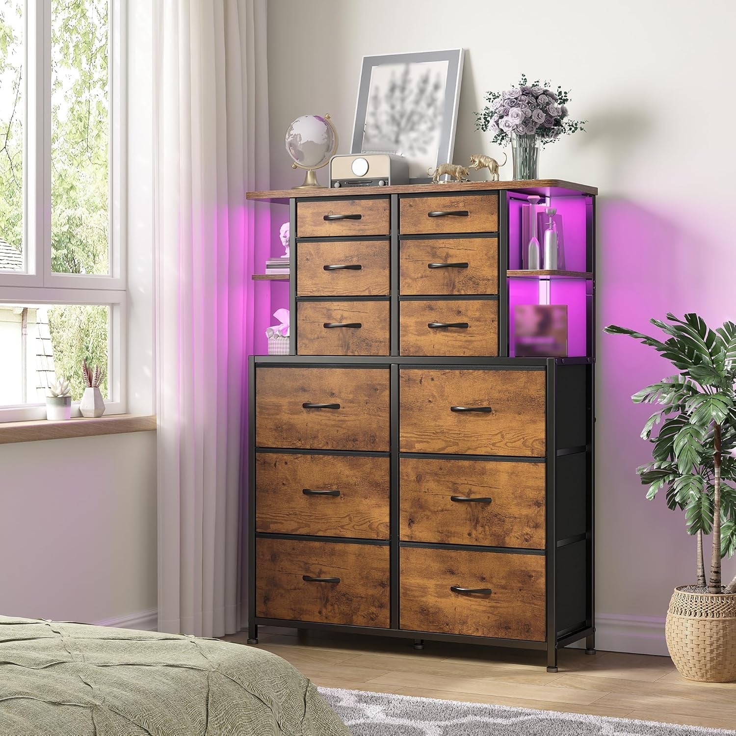 Rustic brown bedroom dresser with 12 drawers and LED lights by Peach Maple, showcasing a modern furniture design.
