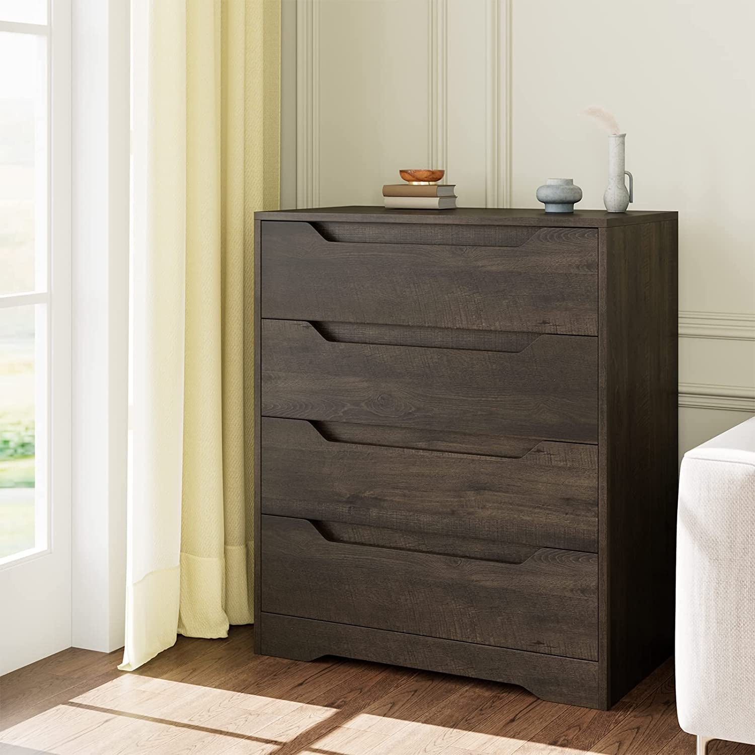Dark brown Peach Maple 4-drawer dresser for bedroom storage and organization, featuring sleek wooden furniture with metal handles.