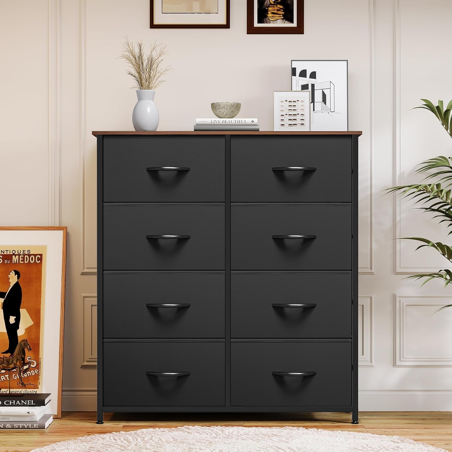 Peach Maple black 8-drawer dresser with tall storage chest, showcasing spacious bedroom furniture with modern design.