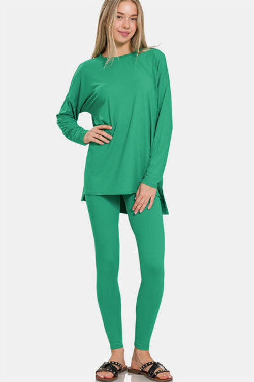 Women’s Zenana brushed microfiber lounge set with a long-sleeve top and matching leggings, in a cozy, full-size fit.