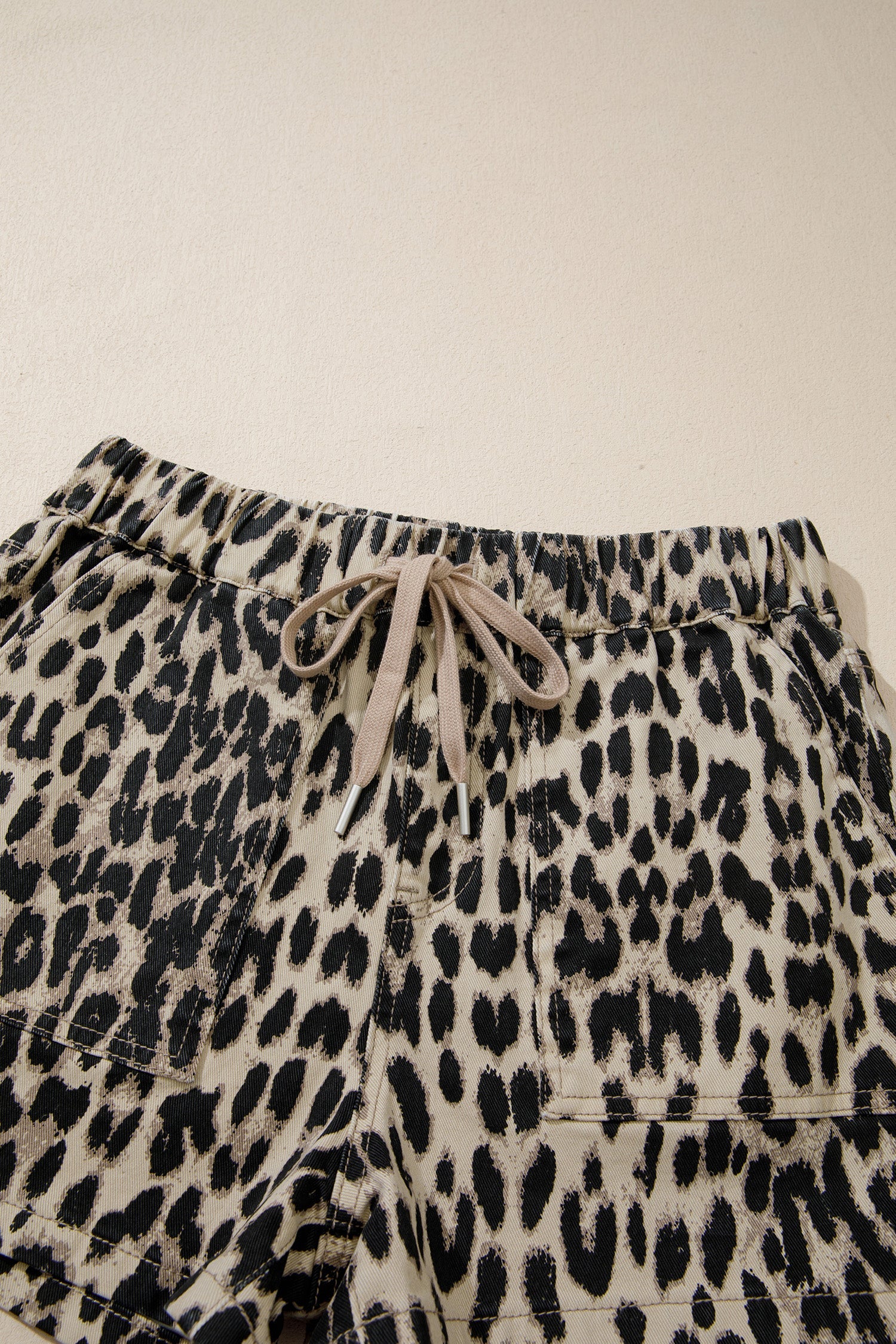 Leopard print denim shorts with drawstring waist and elastic band, women&