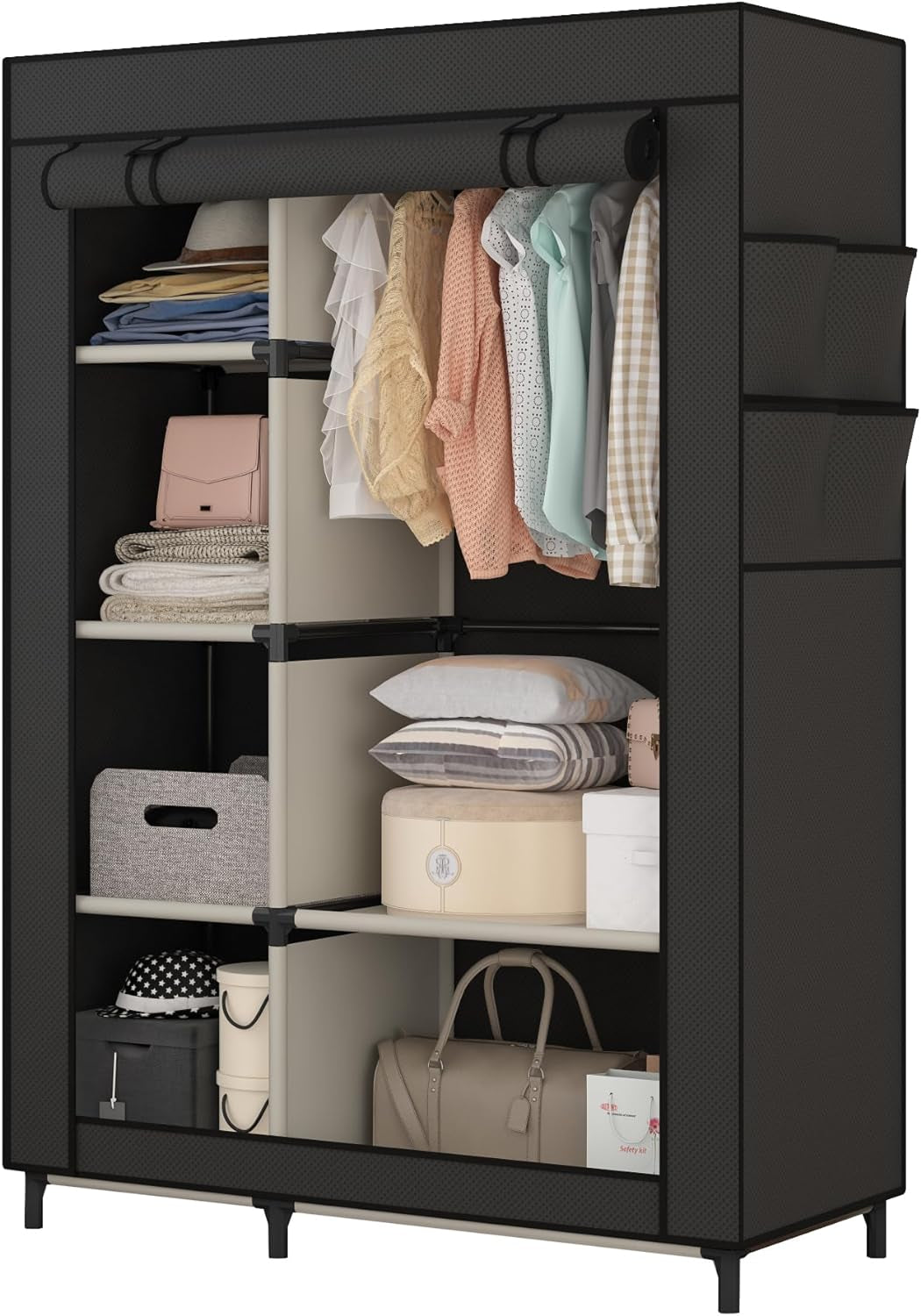 Black Peach Maple portable closet organizer with six shelves and a hanging rod, ideal for bedroom storage and organization.