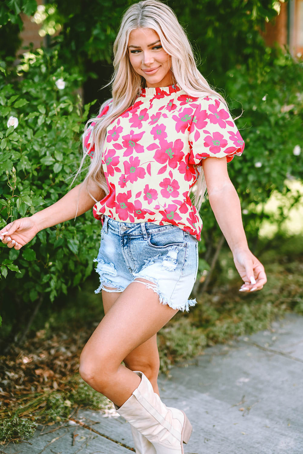 Beige floral puff sleeve blouse with frilled neckline by Carmine Juneberry, showcasing a stylish and feminine top design.